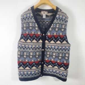 Point Zero Vintage 90s Hand Knit 100%Wool Sleeveles Cardigan Sweater Vest Womens